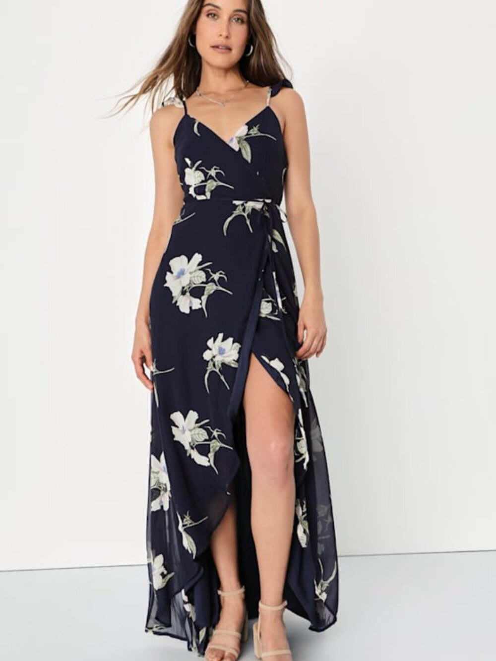 Lulus All Mine Navy Blue Floral Print High-low Wrap Dress - Size M